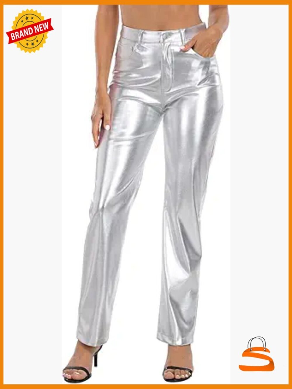Faux Leather High Waisted Straight Leg Pants Metallic Shiny Trousers